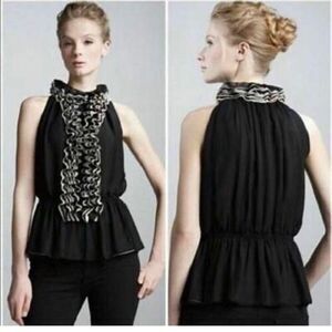 Robert Rodrigues for Neiman Marcus Ruffled Chiffon  Halter Top in Black/Cream